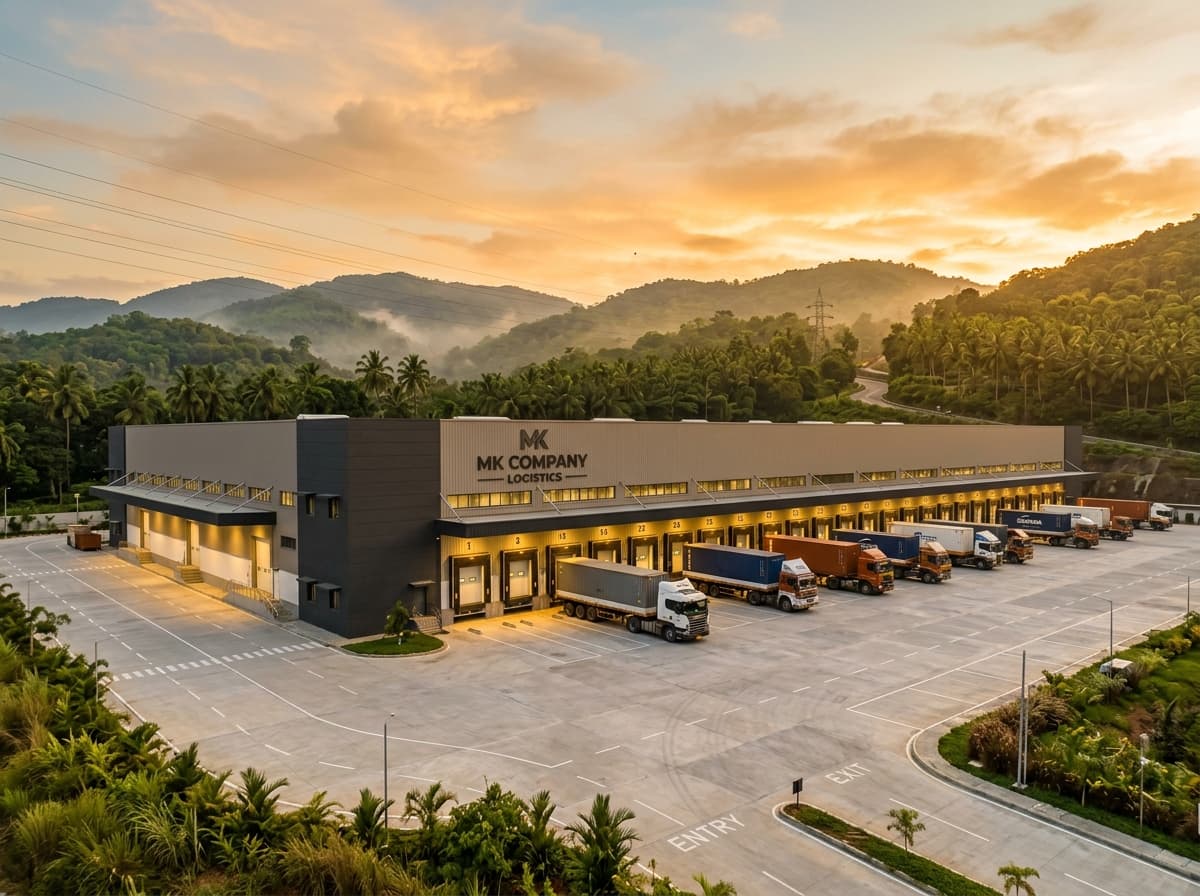 MK Company modern warehouse and distribution logistics facility in Karnataka, photographed during warm golden-hour light with Western Ghats hills in the distance